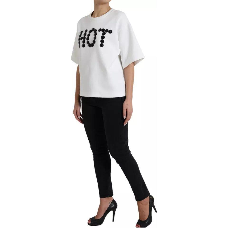 Dolce & Gabbana White Cotton Black HOT Crystal Top T-shirt Dolce & Gabbana Light Gray
