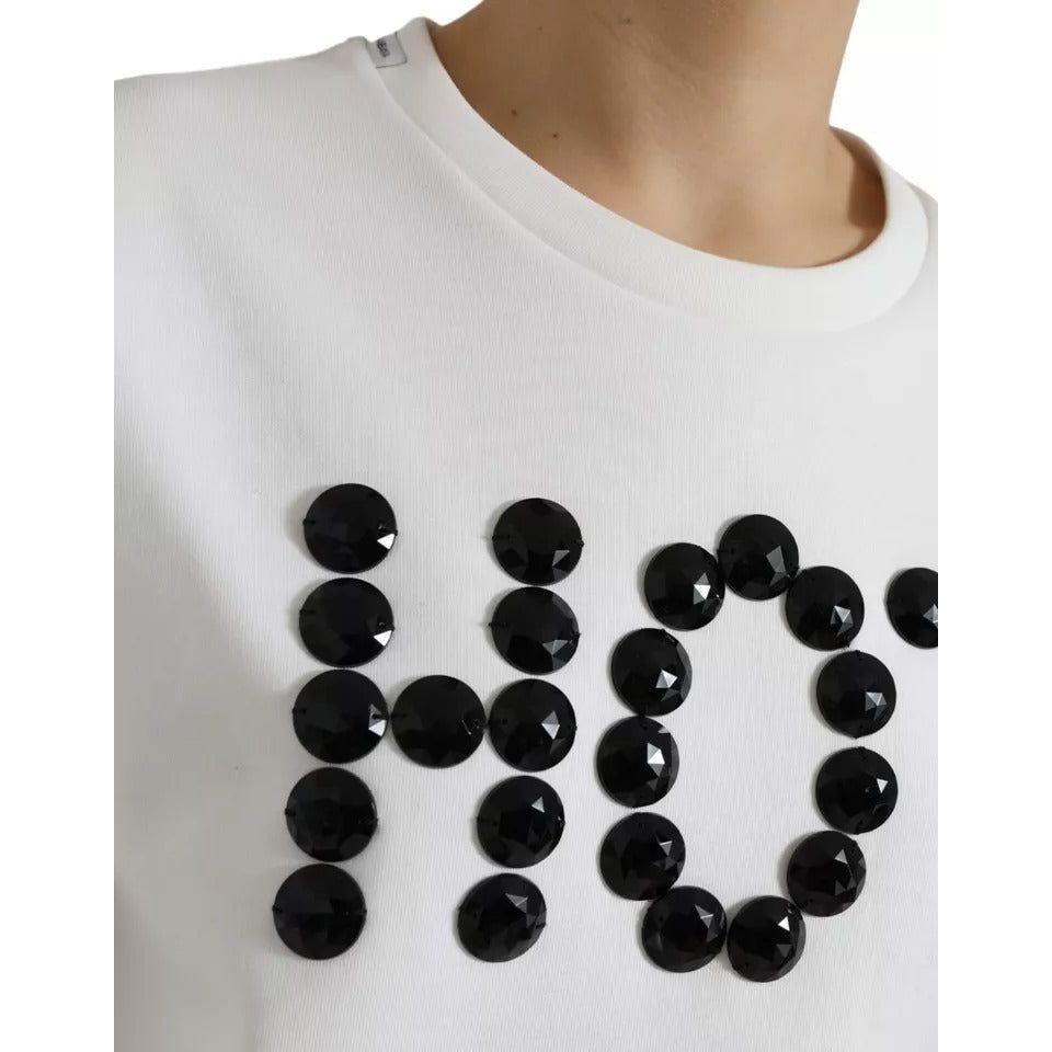 Dolce & Gabbana White Cotton Black HOT Crystal Top T-shirt Dolce & Gabbana Light Gray
