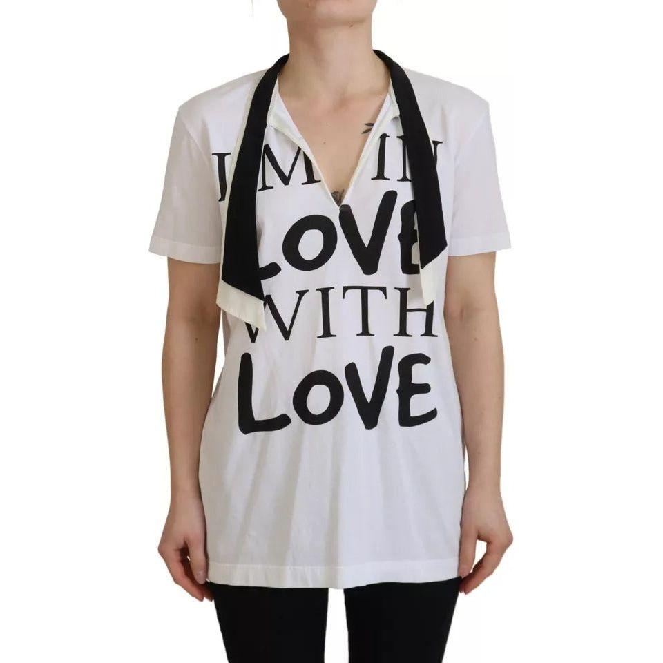 Dolce & Gabbana White Cotton Printed Ascot Collared T-shirt Dolce & Gabbana Gray