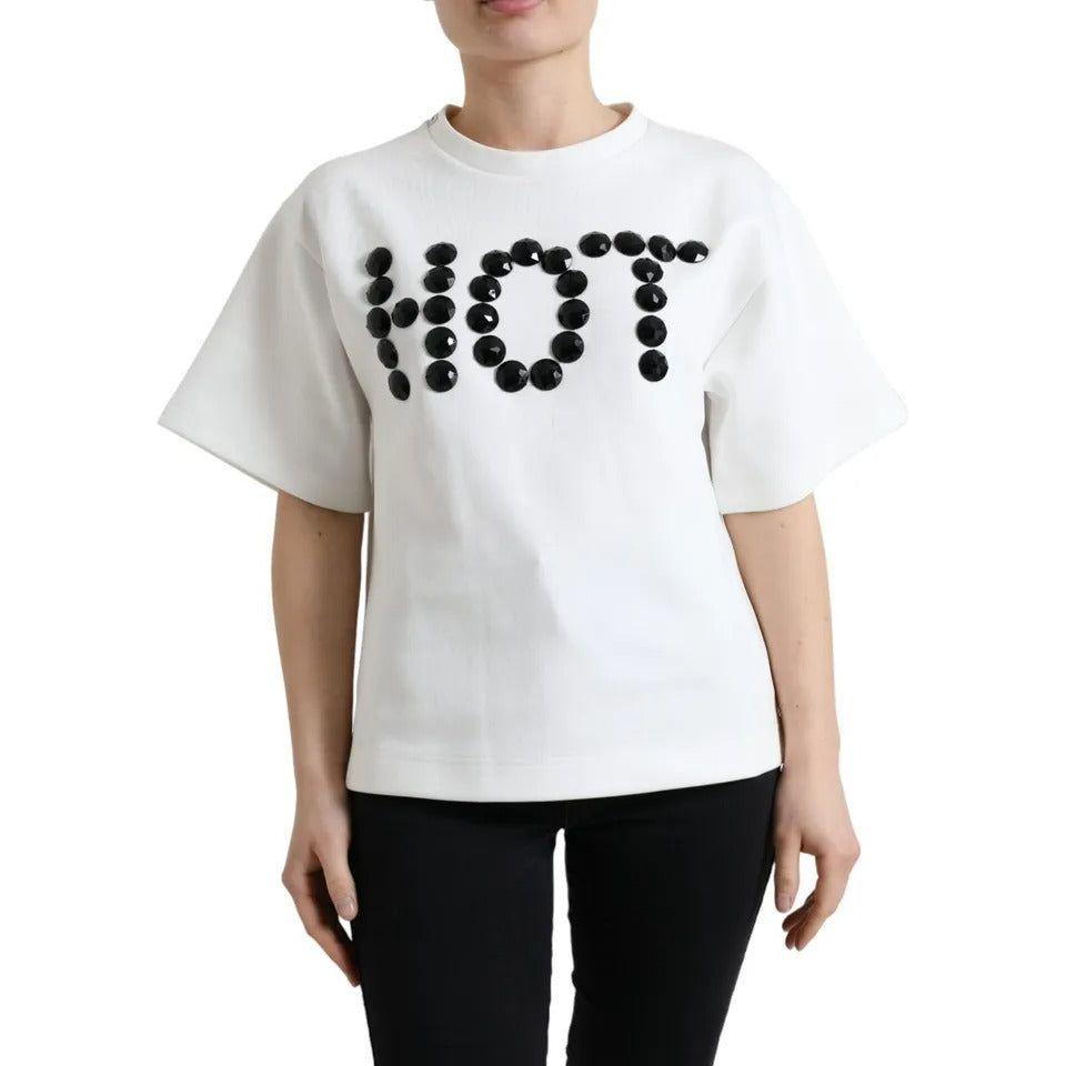 Dolce & Gabbana White Cotton Stretch Black HOT Crystal T-shirt Dolce & Gabbana Black