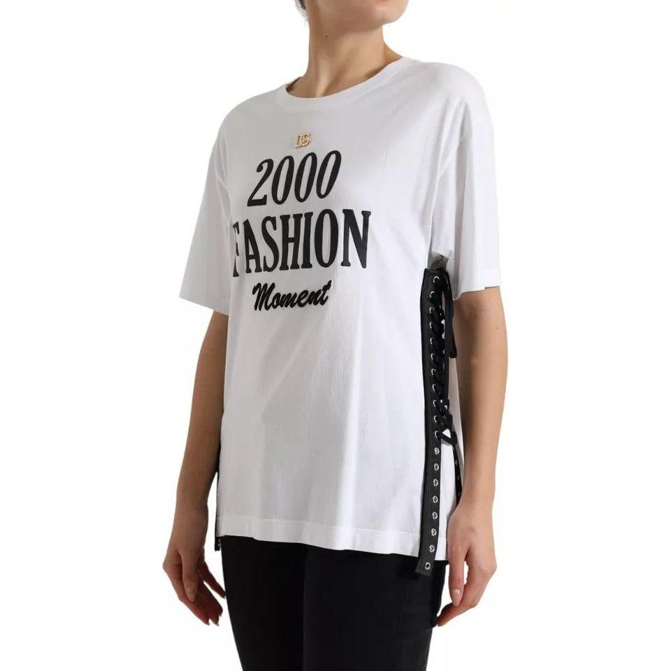 Dolce & Gabbana White Slogan Print Lacing Detailed T-shirt Dolce & Gabbana Gray