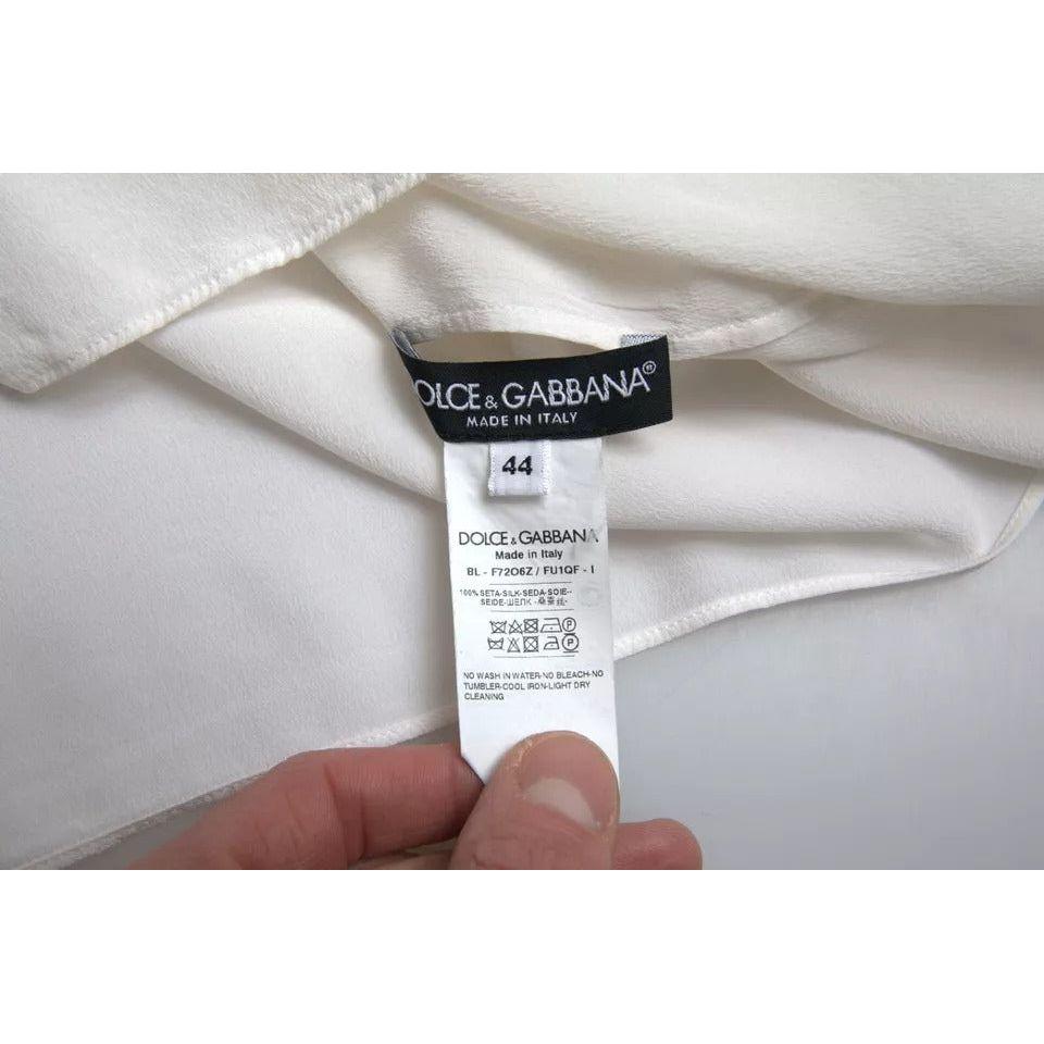 Dolce & Gabbana White Floral Silk Ascot Collared Top Blouse Dolce & Gabbana Gray