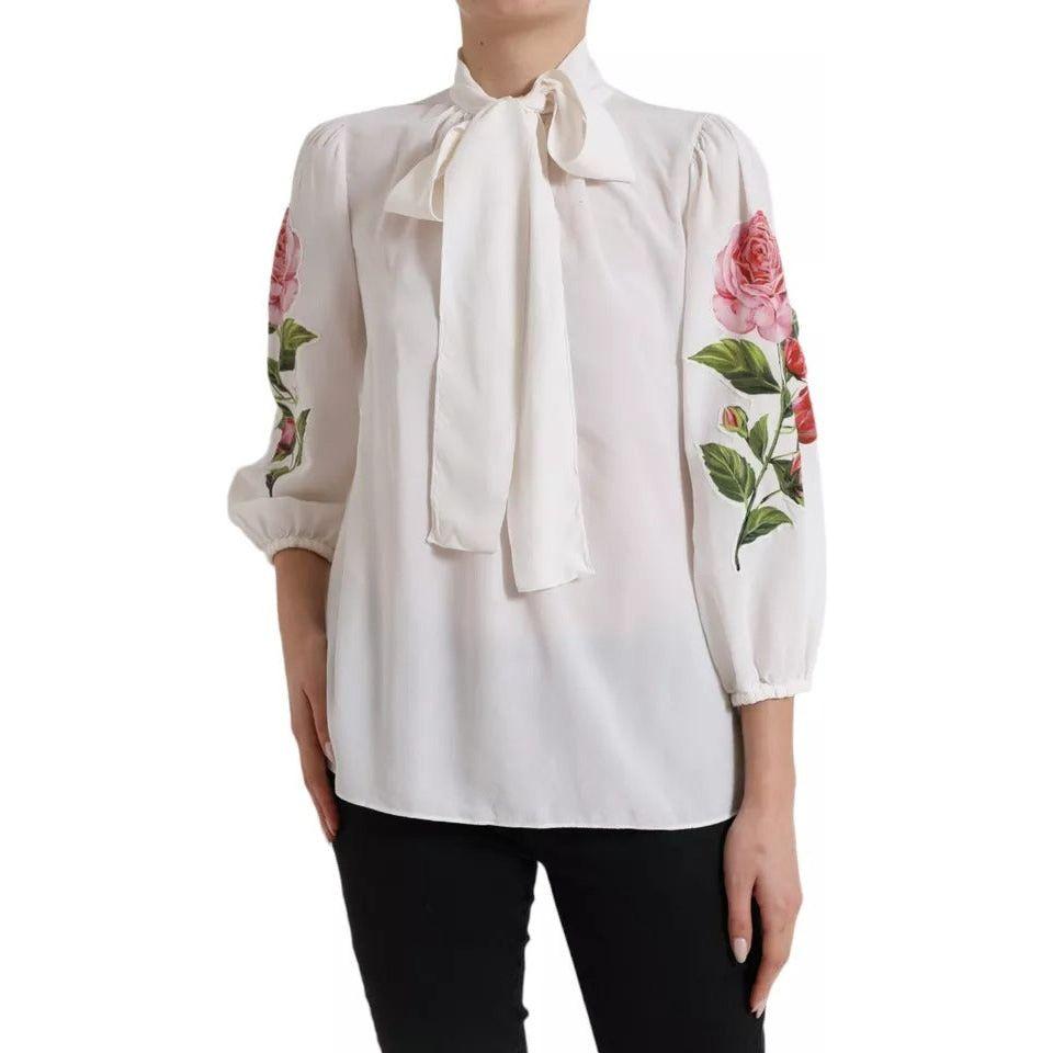 Dolce & Gabbana White Floral Silk Ascot Collared Top Blouse Dolce & Gabbana Gray