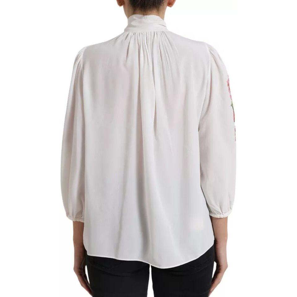 Dolce & Gabbana White Floral Silk Ascot Collared Top Blouse Dolce & Gabbana Light Gray