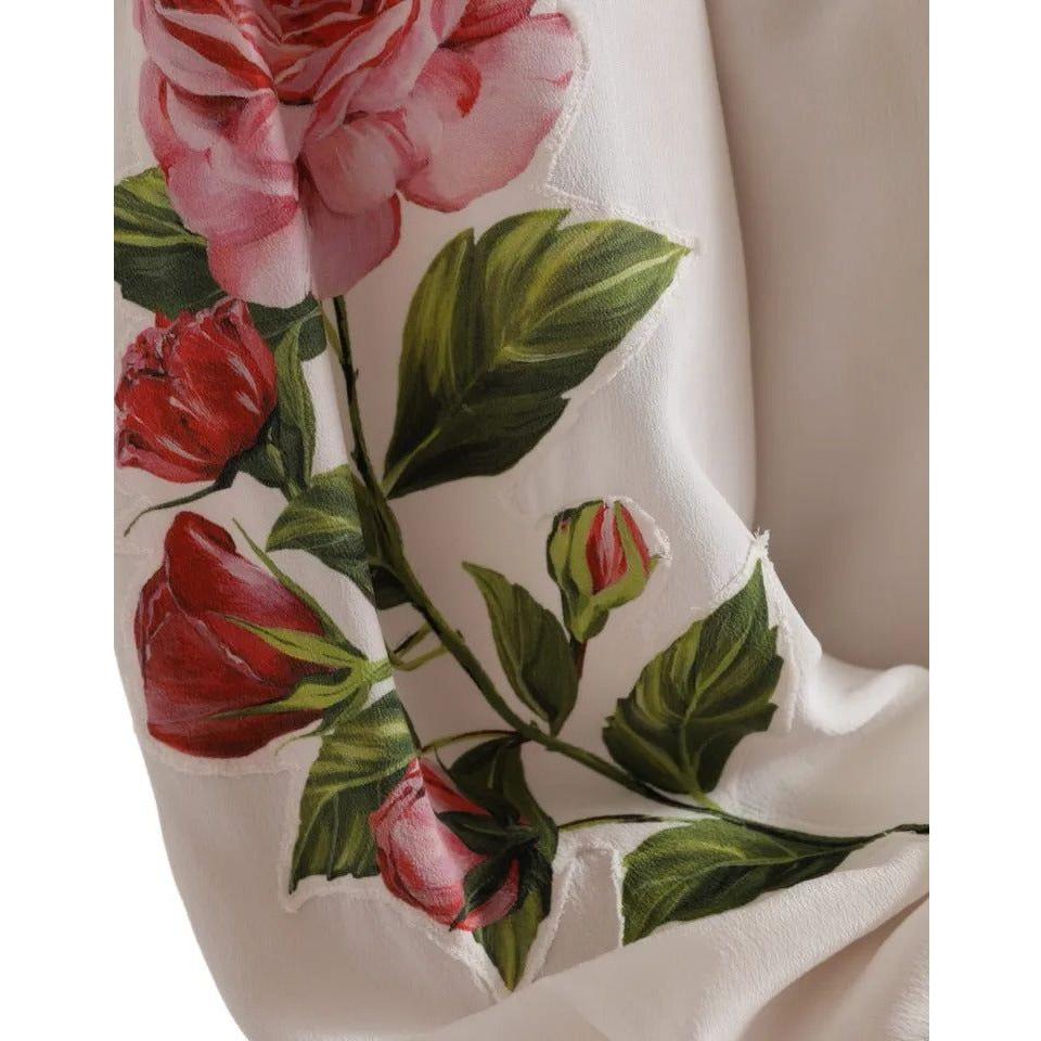 Dolce & Gabbana White Floral Silk Ascot Collared Top Blouse Dolce & Gabbana Rosy Brown