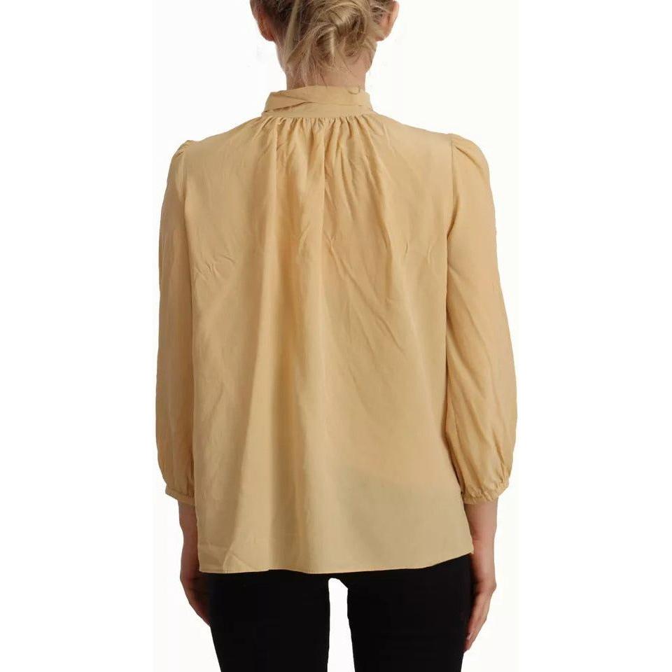 Dolce & Gabbana Mustard Ascot Collar Shirt Silk Blouse Top Dolce & Gabbana Dark Khaki