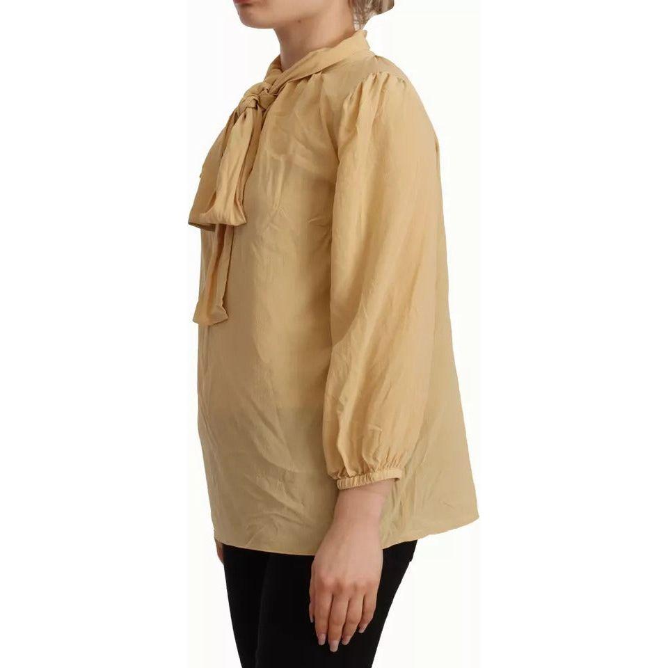 Dolce & Gabbana Mustard Ascot Collar Shirt Silk Blouse Top Dolce & Gabbana Dark Khaki