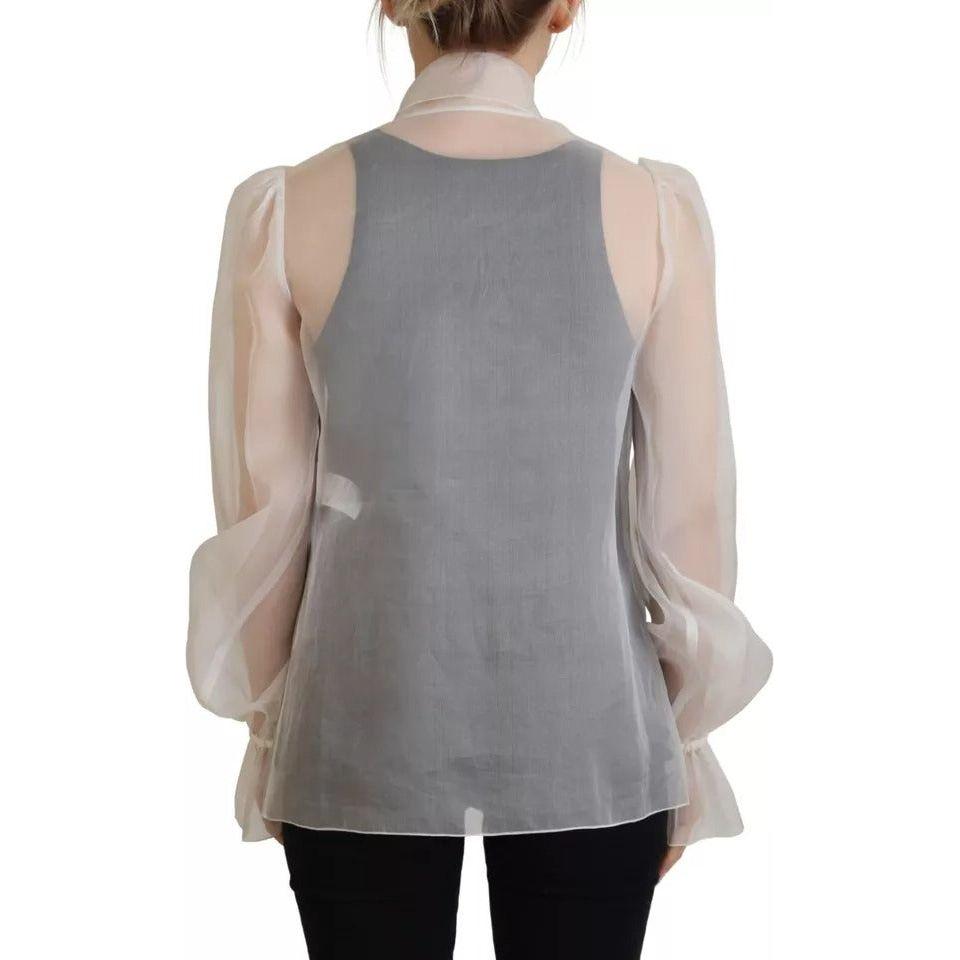 Dolce & Gabbana White Ascot Collar Long Sleeves Blouse Top Dolce & Gabbana Light Slate Gray