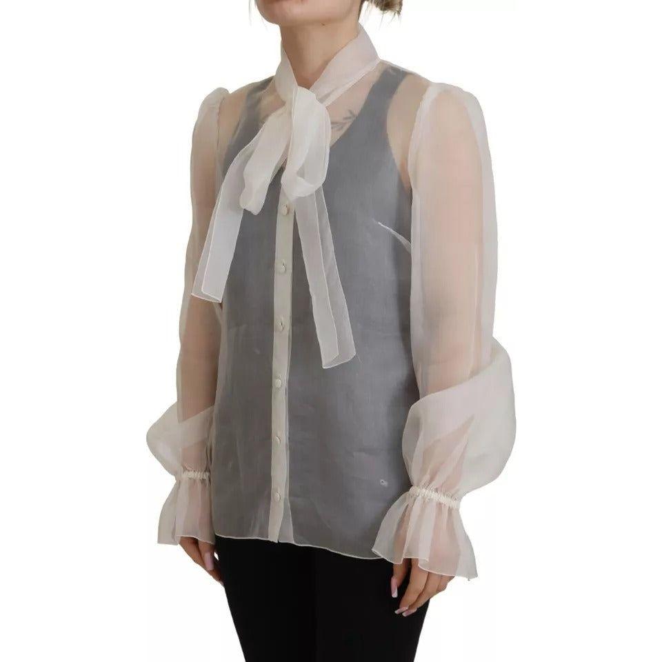 Dolce & Gabbana White Ascot Collar Long Sleeves Blouse Top Dolce & Gabbana Light Slate Gray