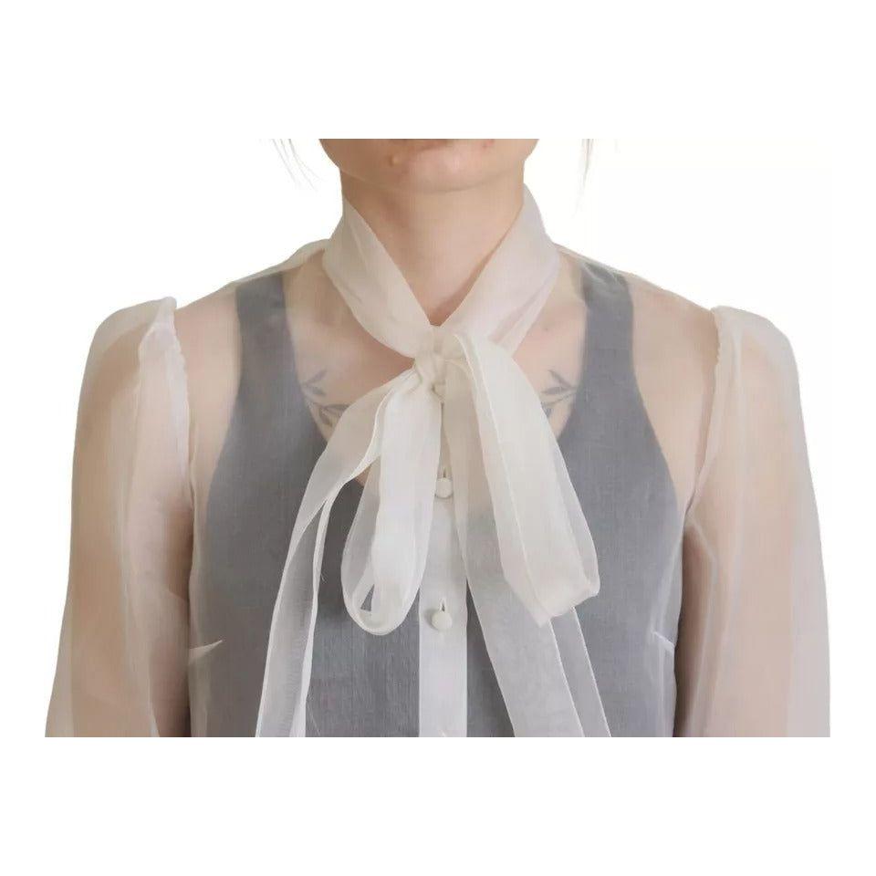 Dolce & Gabbana White Ascot Collar Long Sleeves Blouse Top Dolce & Gabbana Dark Gray