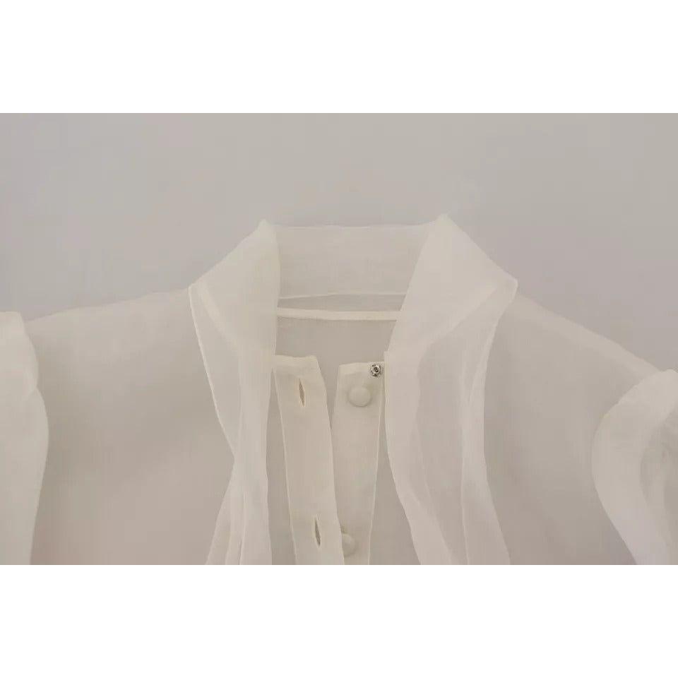 Dolce & Gabbana White Ascot Collar Long Sleeves Blouse Top Dolce & Gabbana Dark Gray