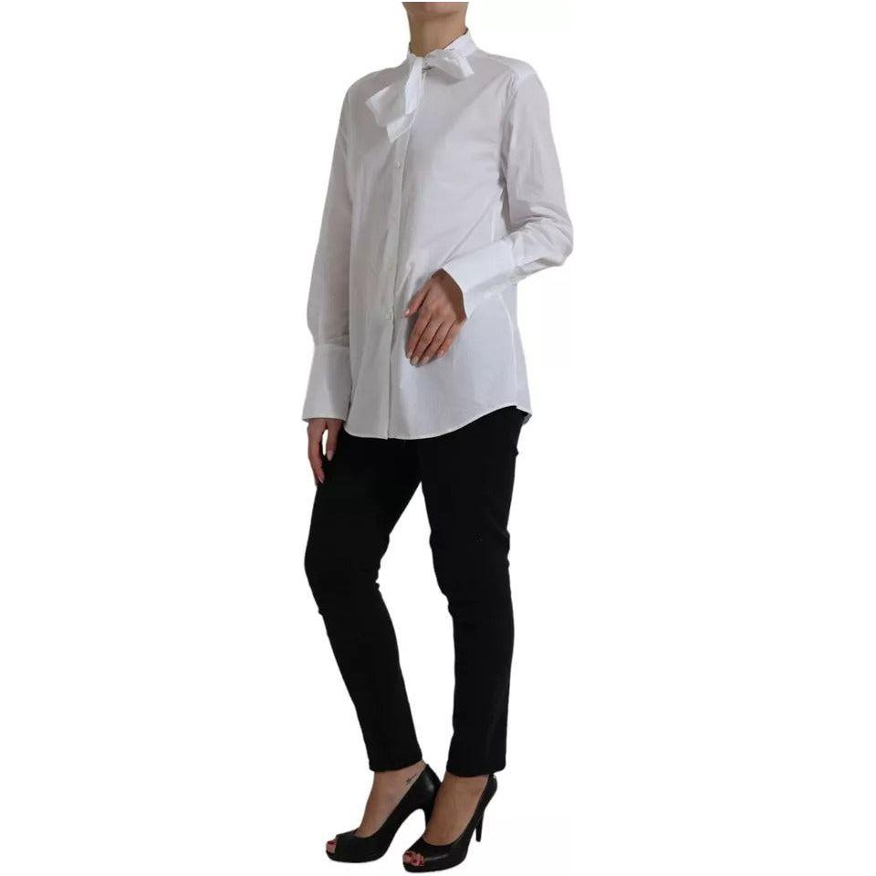 Dolce & Gabbana White Cotton Ascot Collar Long Sleeves Top Dolce & Gabbana Dark Gray