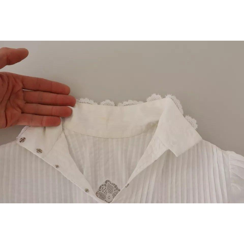 Dolce & Gabbana White Cotton Lace Trim Turtle Neck Blouse Top Dolce & Gabbana Dark Gray