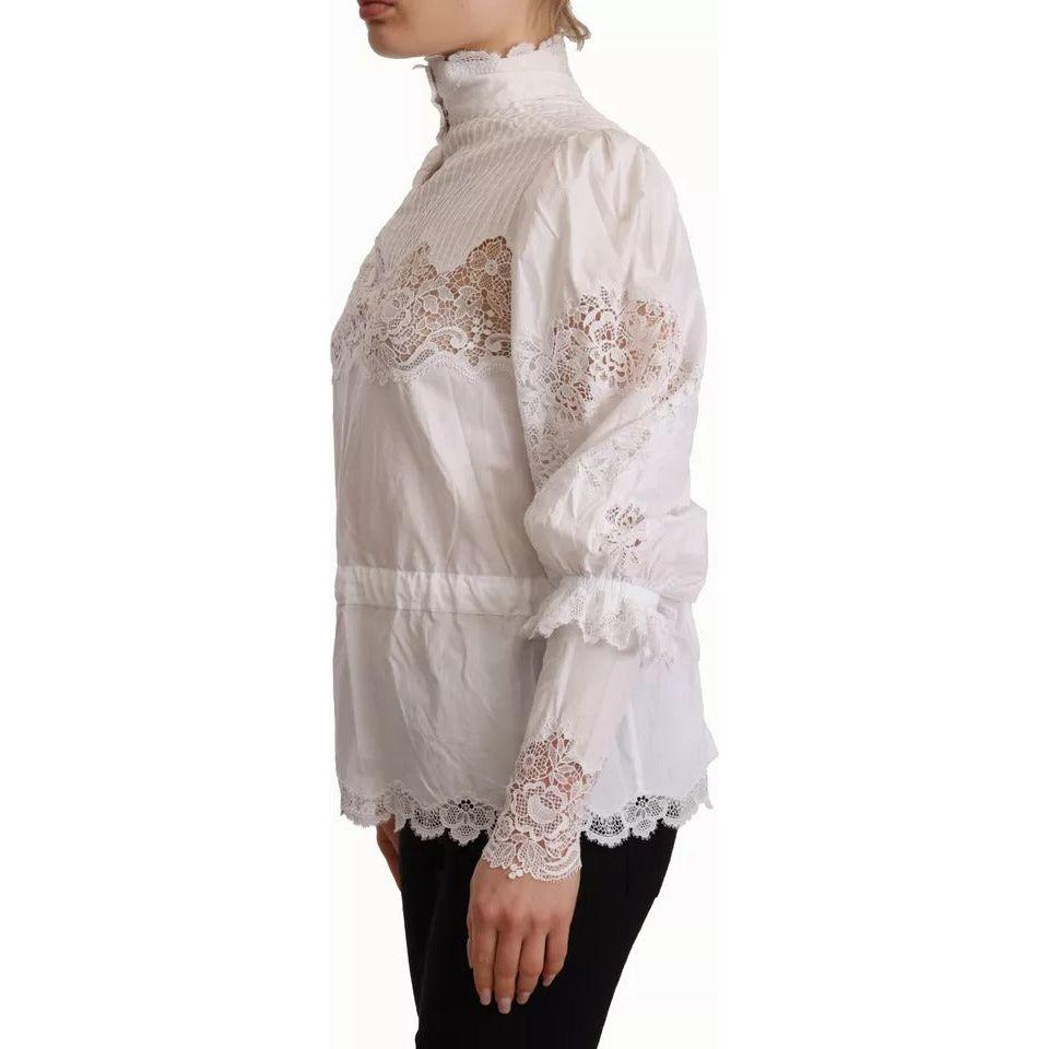 Dolce & Gabbana White Cotton Lace Trim Turtle Neck Blouse Top Dolce & Gabbana Gray