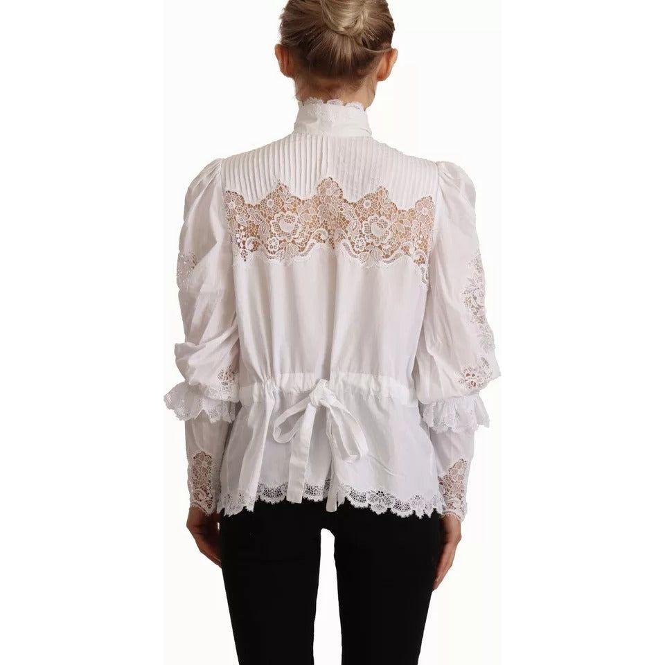 Dolce & Gabbana White Cotton Lace Trim Turtle Neck Blouse Top Dolce & Gabbana Light Gray