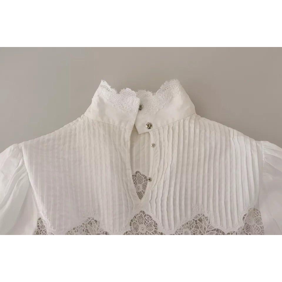 Dolce & Gabbana White Cotton Lace Trim Turtle Neck Blouse Top Dolce & Gabbana Dark Gray