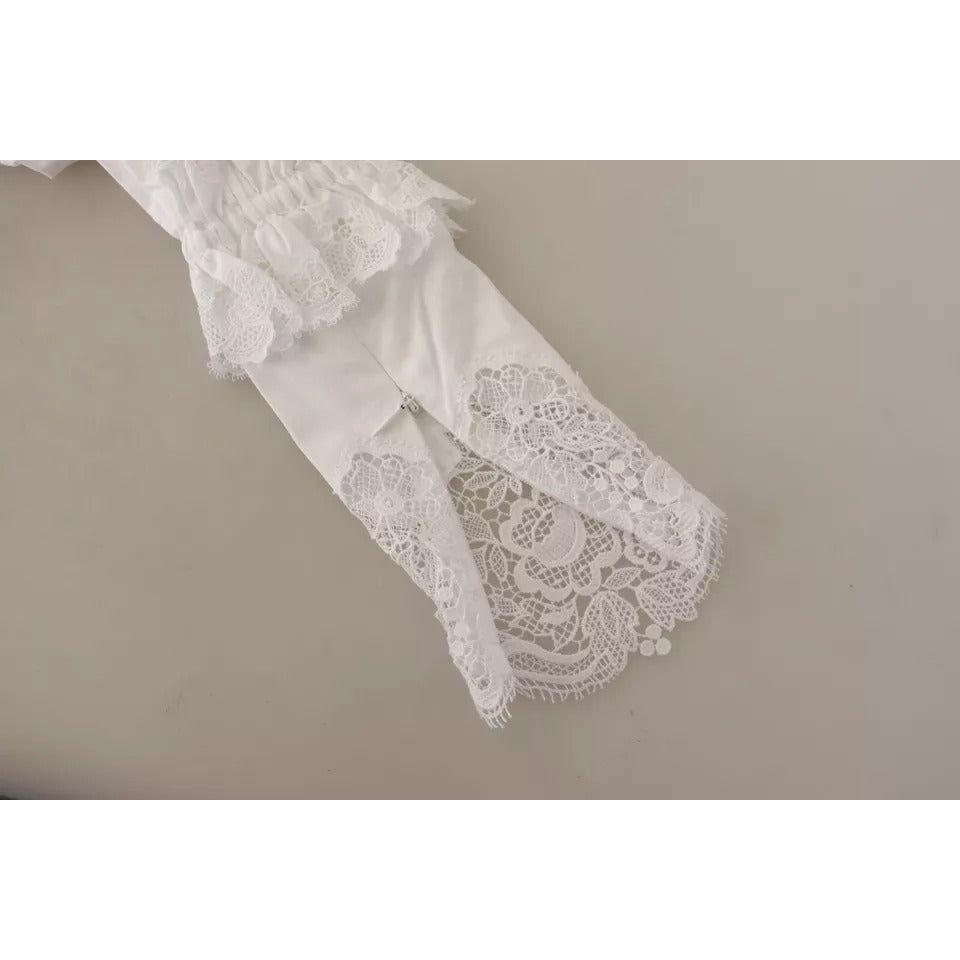 Dolce & Gabbana White Cotton Lace Trim Turtle Neck Blouse Top Dolce & Gabbana Rosy Brown