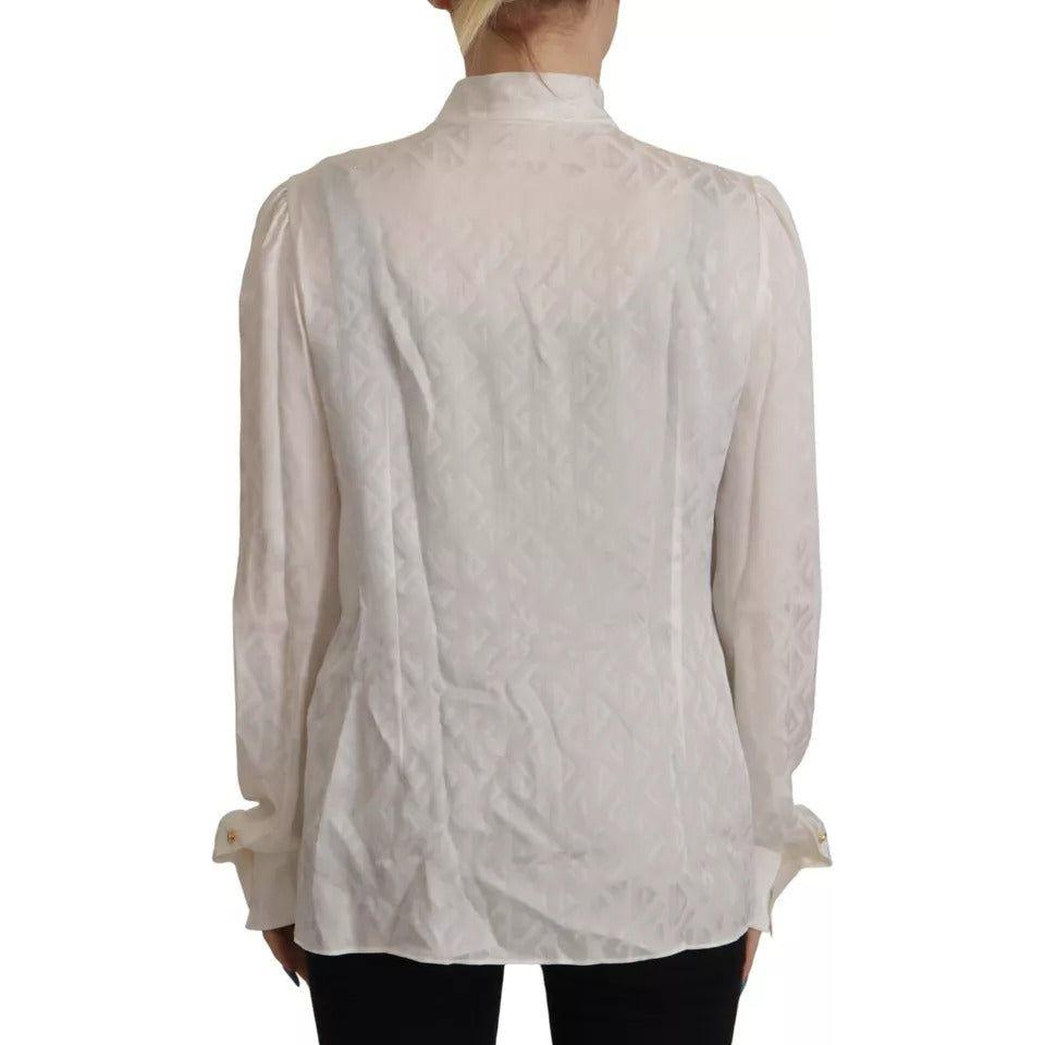 Dolce & Gabbana White Patterned Silk Ascot Collar Blouse Top Dolce & Gabbana Dark Gray