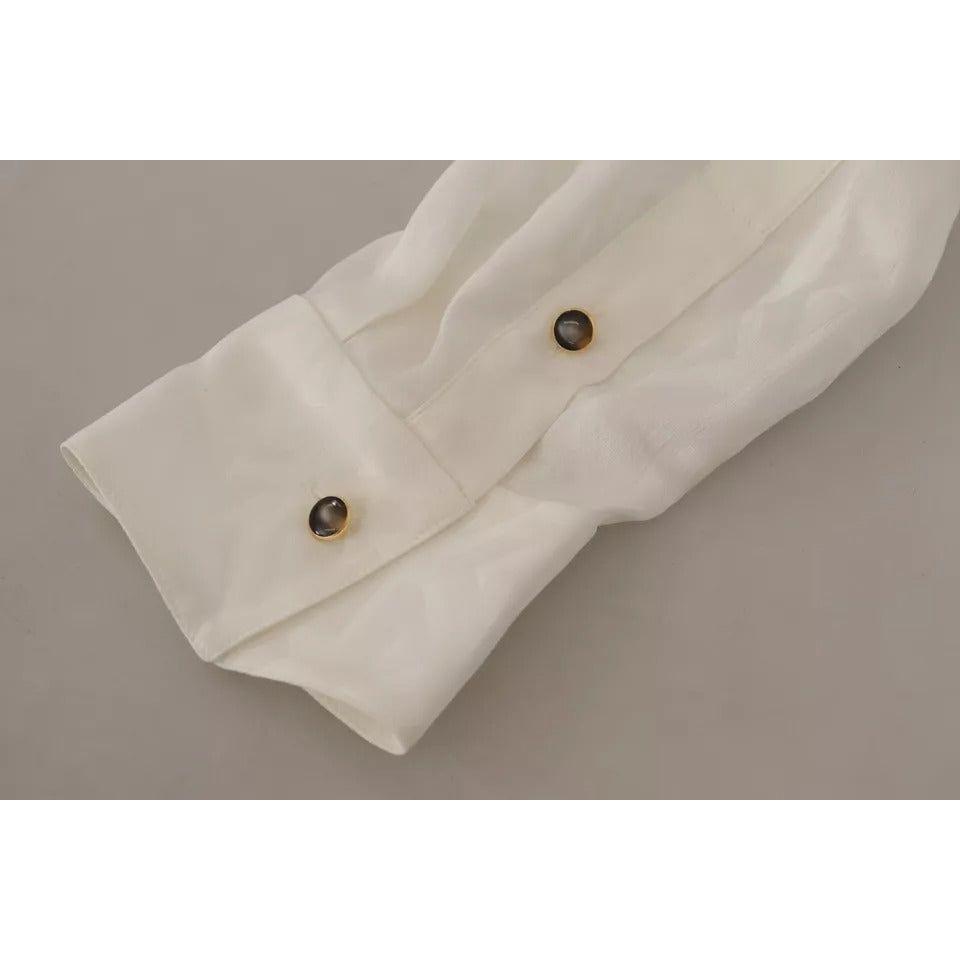 Dolce & Gabbana White Patterned Silk Ascot Collar Blouse Top Dolce & Gabbana Rosy Brown