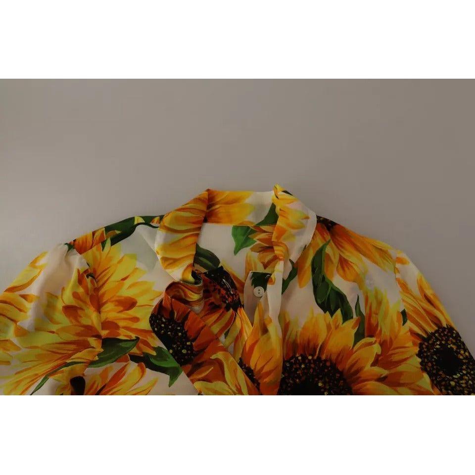 Dolce & Gabbana White Sunflower Silk Ascot Collar Blouse Top Dolce & Gabbana Dim Gray