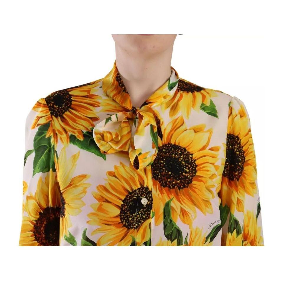 Dolce & Gabbana White Sunflower Silk Ascot Collar Blouse Top Dolce & Gabbana Goldenrod