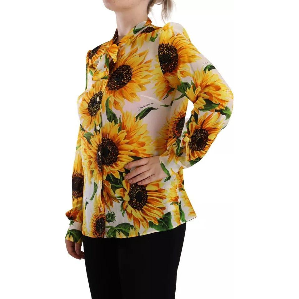 Dolce & Gabbana White Sunflower Silk Ascot Collar Blouse Top Dolce & Gabbana Goldenrod