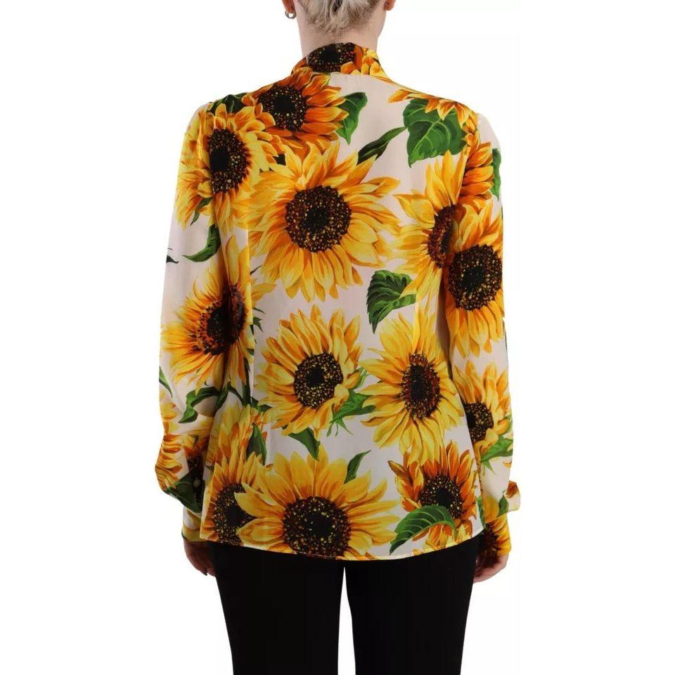 Dolce & Gabbana White Sunflower Silk Ascot Collar Blouse Top Dolce & Gabbana Dark Goldenrod