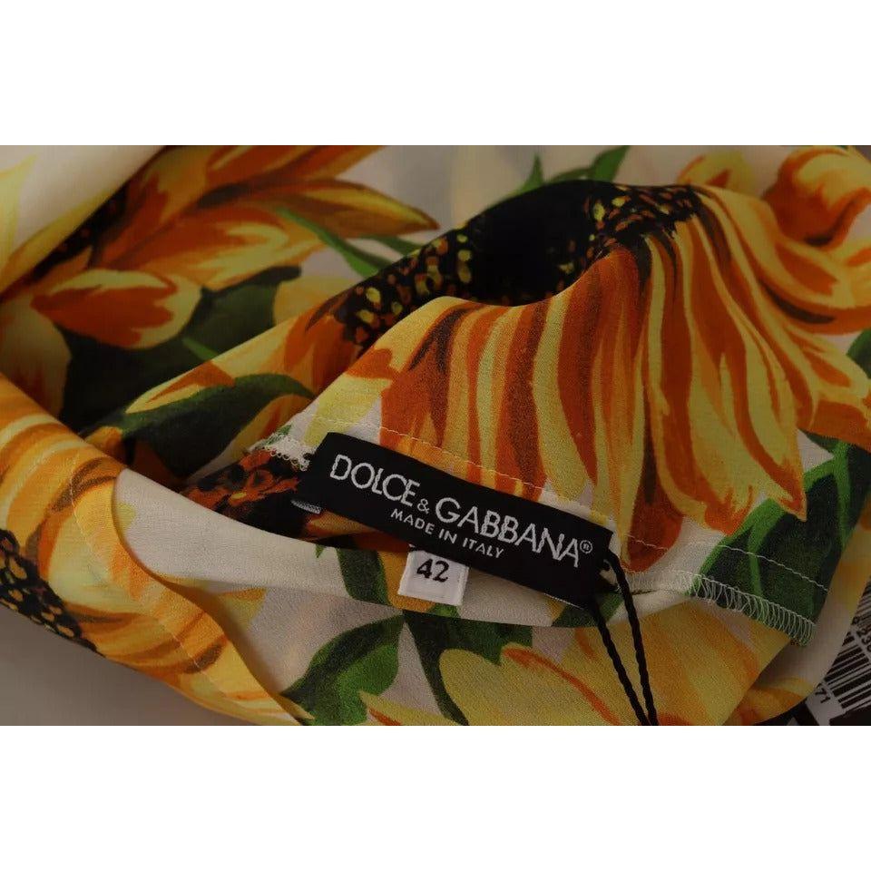 Dolce & Gabbana White Sunflower Silk Ascot Collar Blouse Top Dolce & Gabbana Saddle Brown