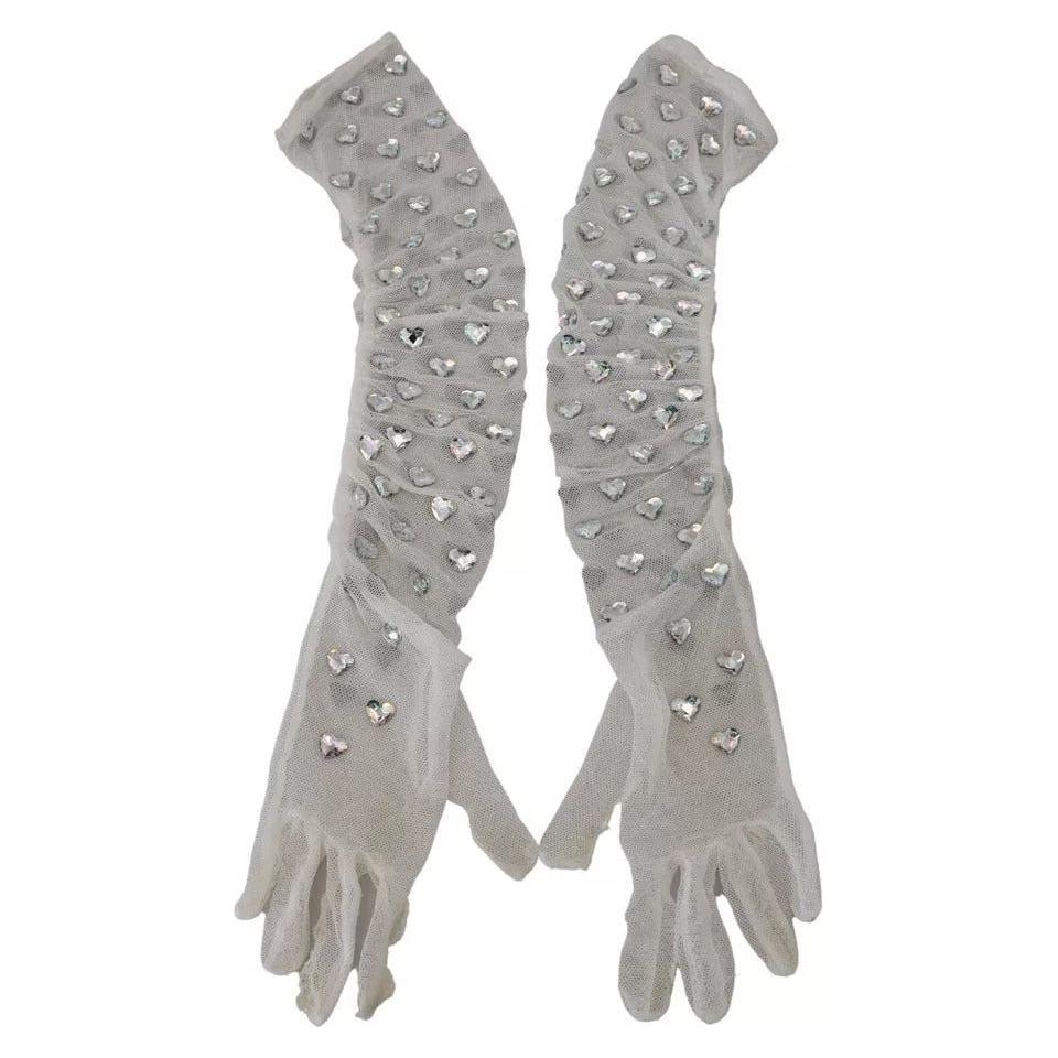 Dolce & Gabbana White Crystal Elbow Length Cotton Tulle Gloves Dolce & Gabbana Dark Gray