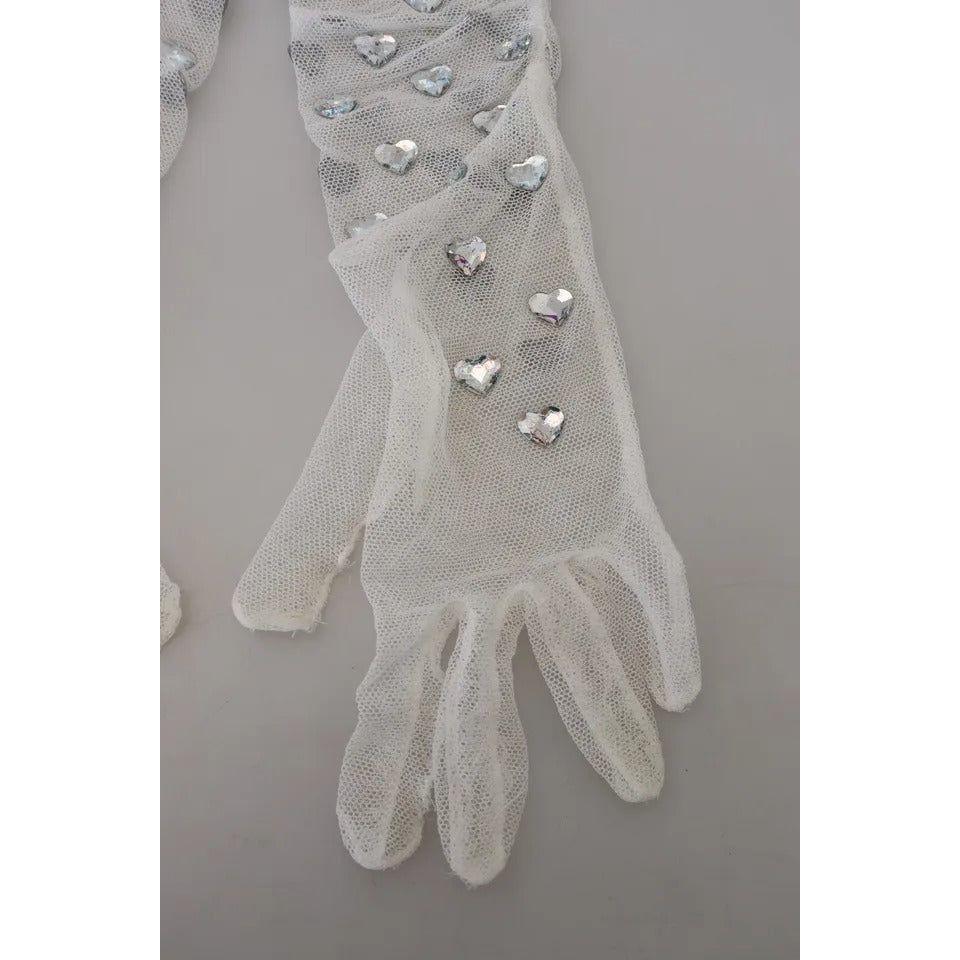 Dolce & Gabbana White Crystal Elbow Length Cotton Tulle Gloves Dolce & Gabbana Dark Gray