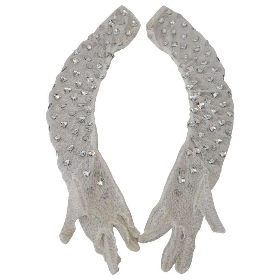 Dolce & Gabbana White Crystal Elbow Length Cotton Tulle Gloves Dolce & Gabbana Dark Gray