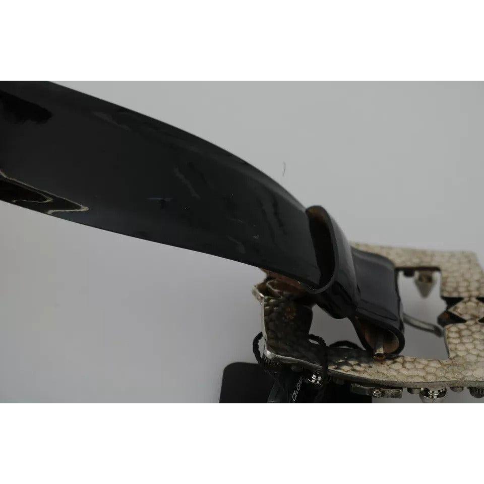 Dolce & Gabbana Black Shiny Leather Crystal Logo Buckle Belt Dolce & Gabbana Dark Gray