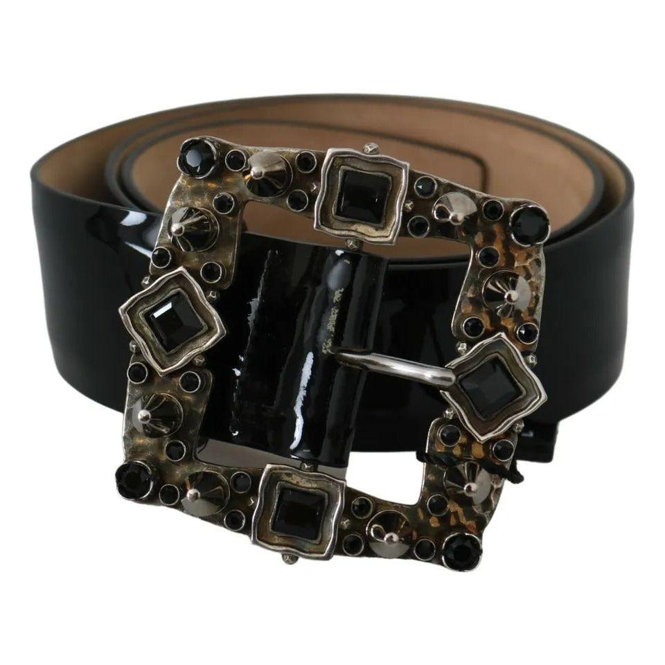 Dolce & Gabbana Black Shiny Leather Crystal Logo Buckle Belt Dolce & Gabbana Black