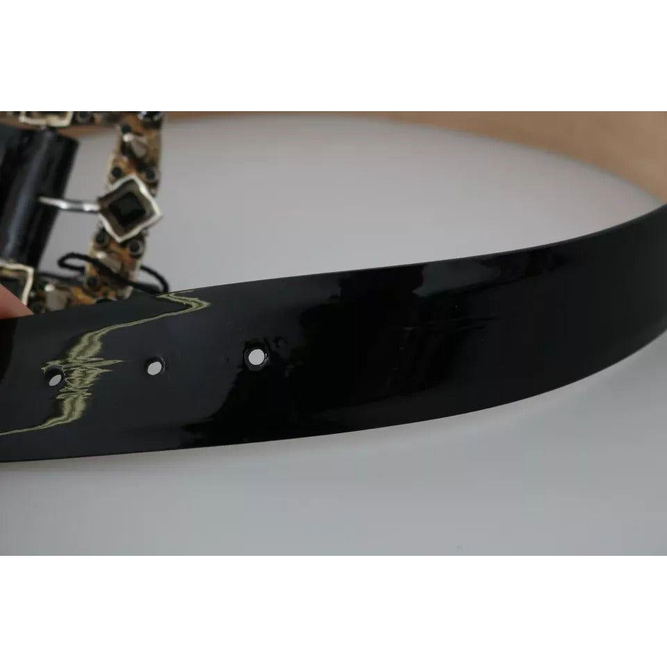Dolce & Gabbana Black Shiny Leather Crystal Logo Buckle Belt Dolce & Gabbana Dark Gray