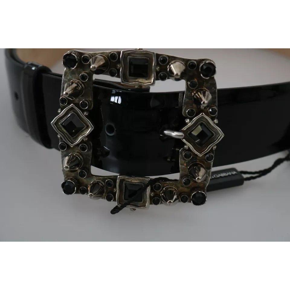 Dolce & Gabbana Black Shiny Leather Crystal Logo Buckle Belt Dolce & Gabbana Black
