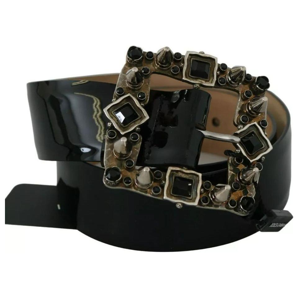 Dolce & Gabbana Black Shiny Leather Crystal Logo Buckle Belt Dolce & Gabbana Black