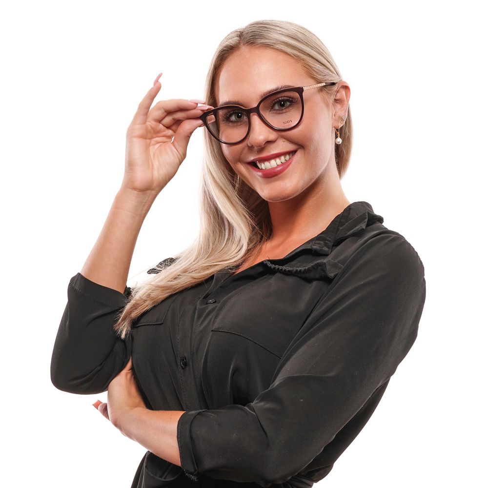 Smiling woman wearing Tod's Brown Metal & Plastic Glasses (Frames) against white background.
