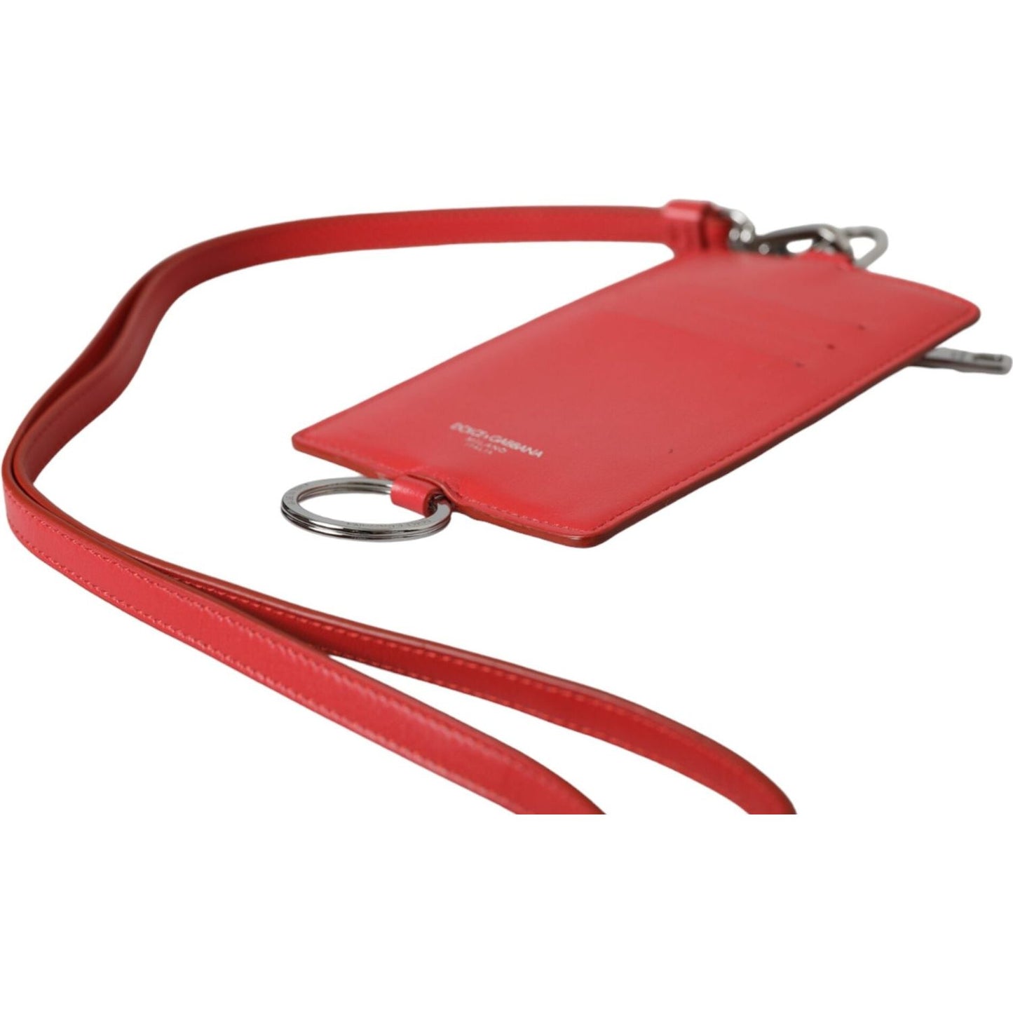 Dolce & Gabbana Red Calfskin Leather Lanyard Logo Card Holder Wallet Dolce & Gabbana Maroon