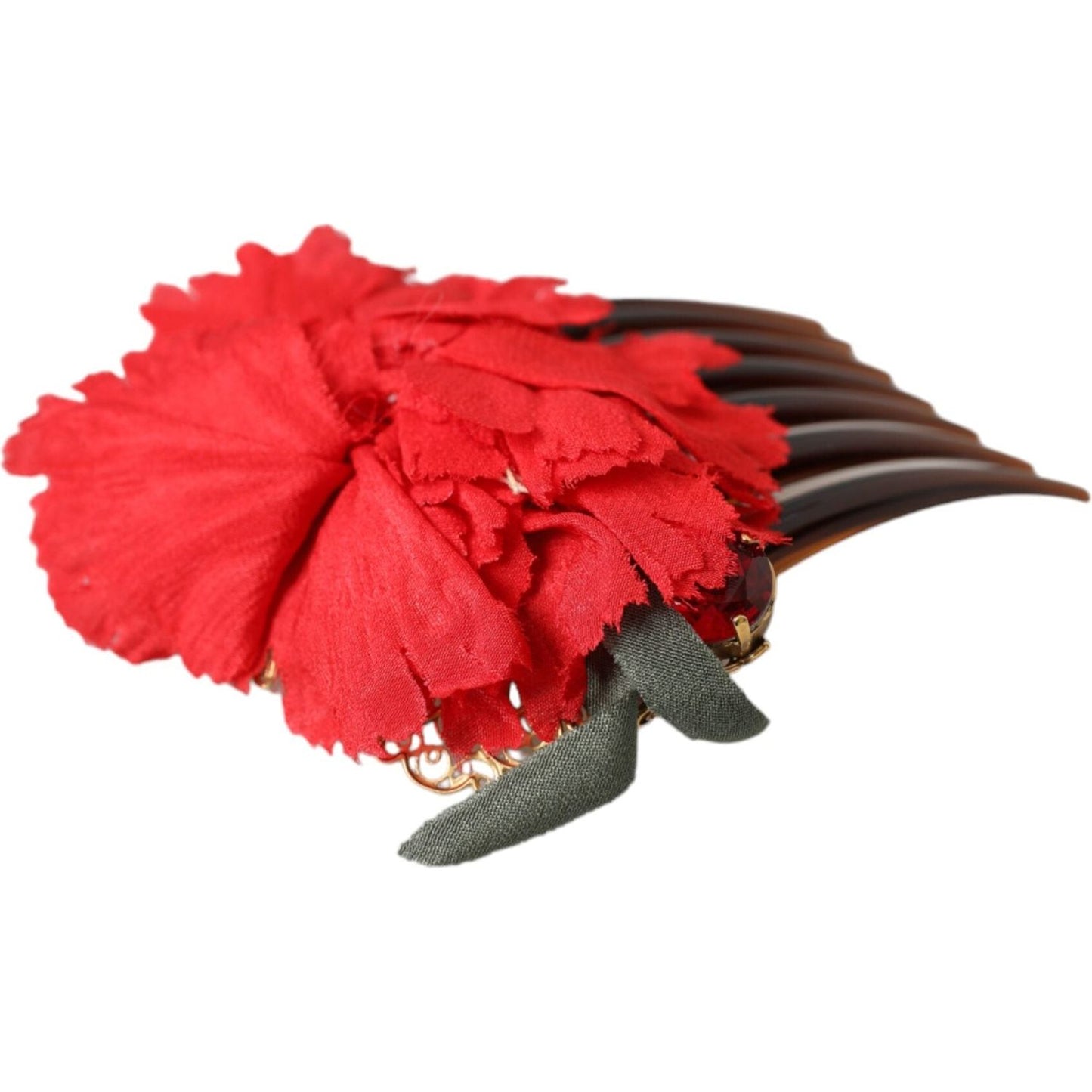 Dolce & Gabbana Red Silk Floral Gold Brass Women Hair Comb FASHION ACCESSORIES Dolce & Gabbana Firebrick