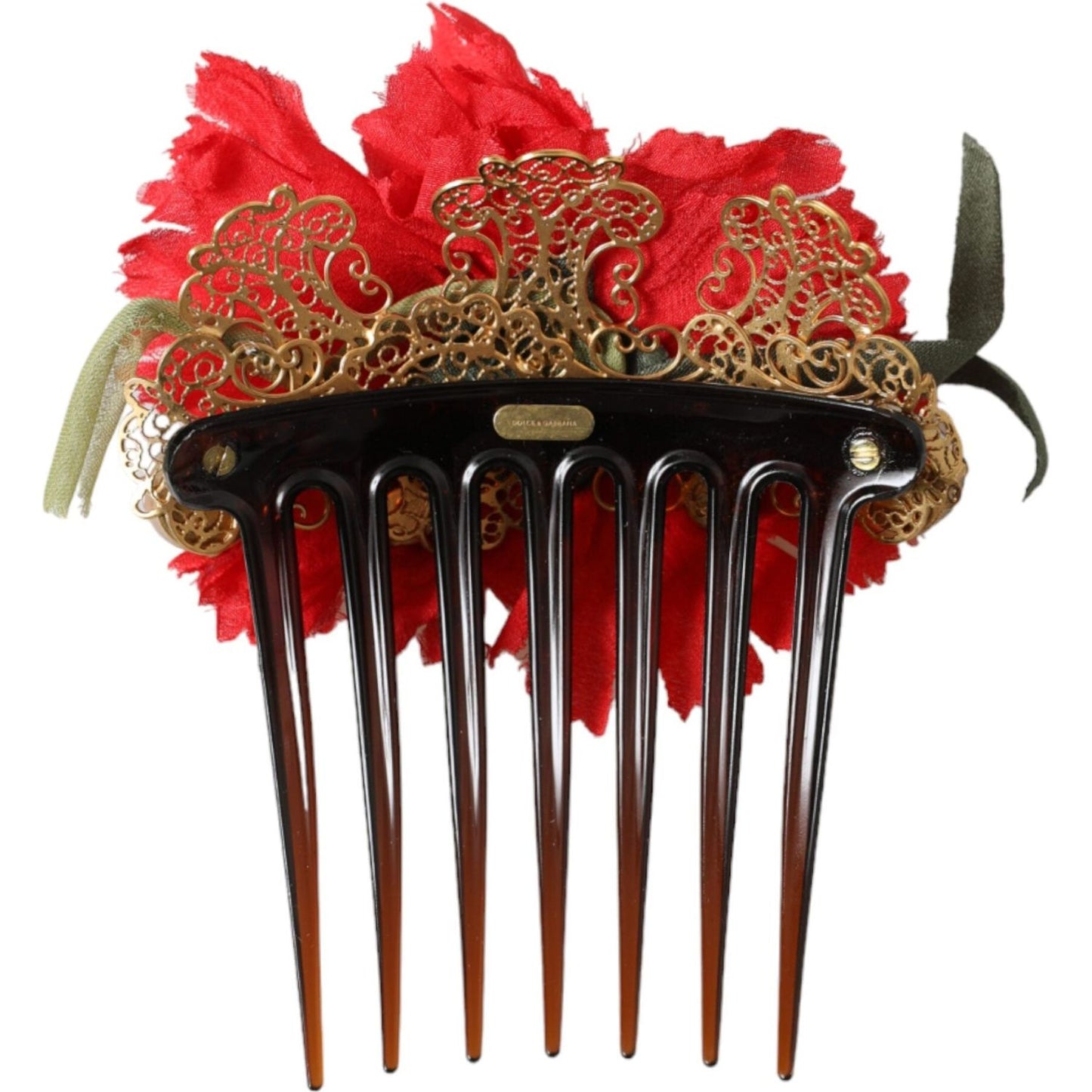 Dolce & Gabbana Red Silk Floral Gold Brass Women Hair Comb FASHION ACCESSORIES Dolce & Gabbana Saddle Brown