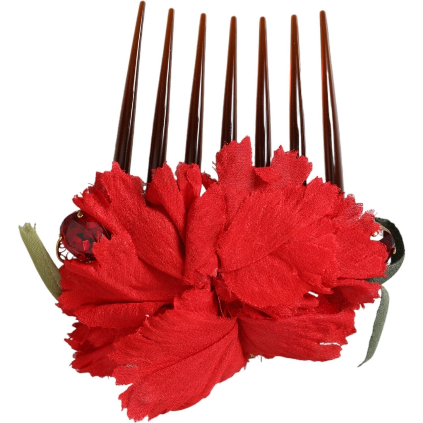 Dolce & Gabbana Red Silk Floral Gold Brass Women Hair Comb FASHION ACCESSORIES Dolce & Gabbana Firebrick