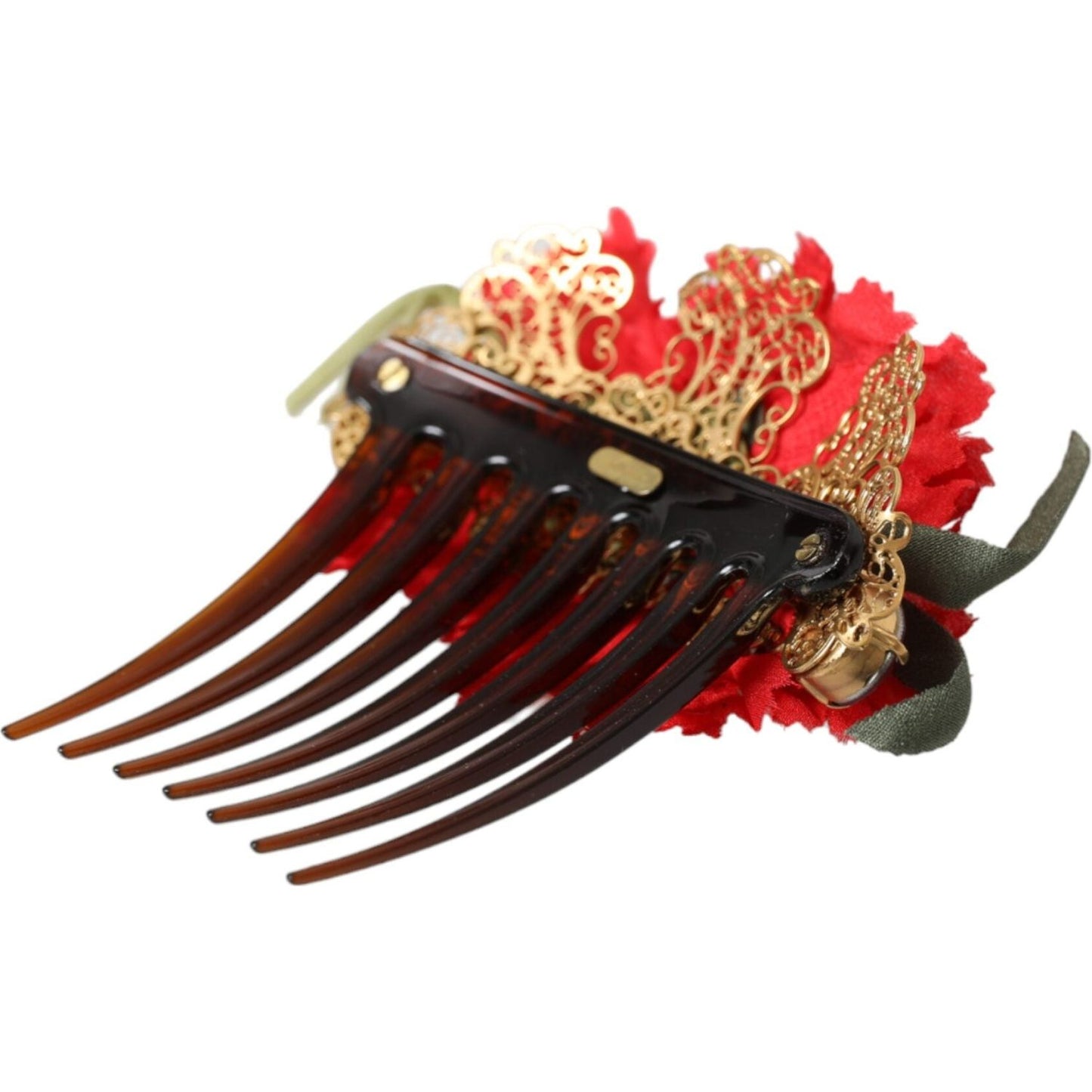 Dolce & Gabbana Red Silk Floral Gold Brass Women Hair Comb FASHION ACCESSORIES Dolce & Gabbana Dark Salmon