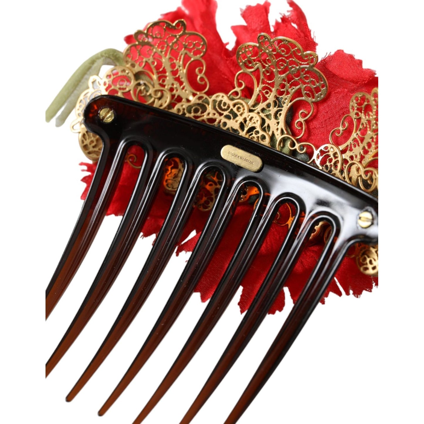 Dolce & Gabbana Red Silk Floral Gold Brass Women Hair Comb FASHION ACCESSORIES Dolce & Gabbana Dark Salmon