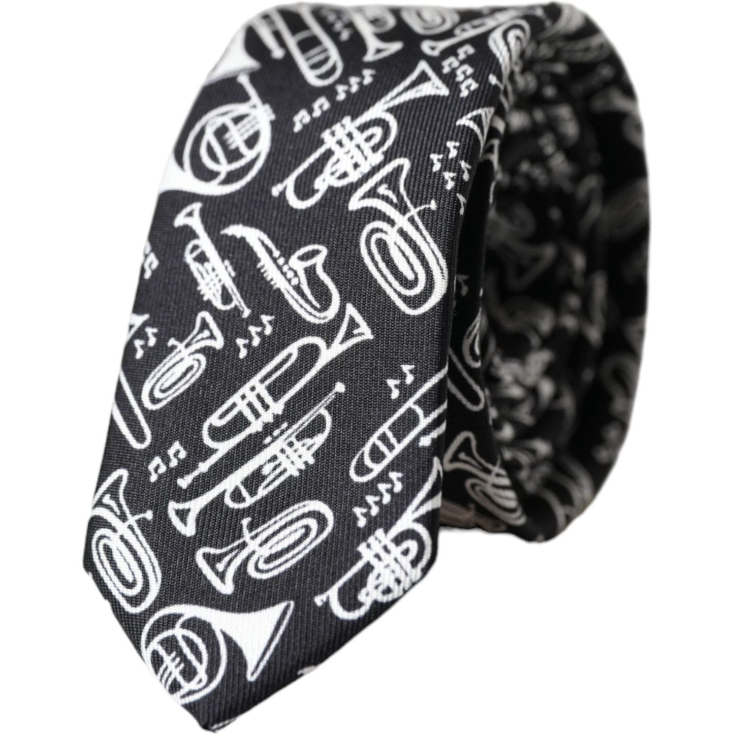Dolce & Gabbana Black Trumpet Print Silk Adjustable Tie Dolce & Gabbana Dark Slate Gray
