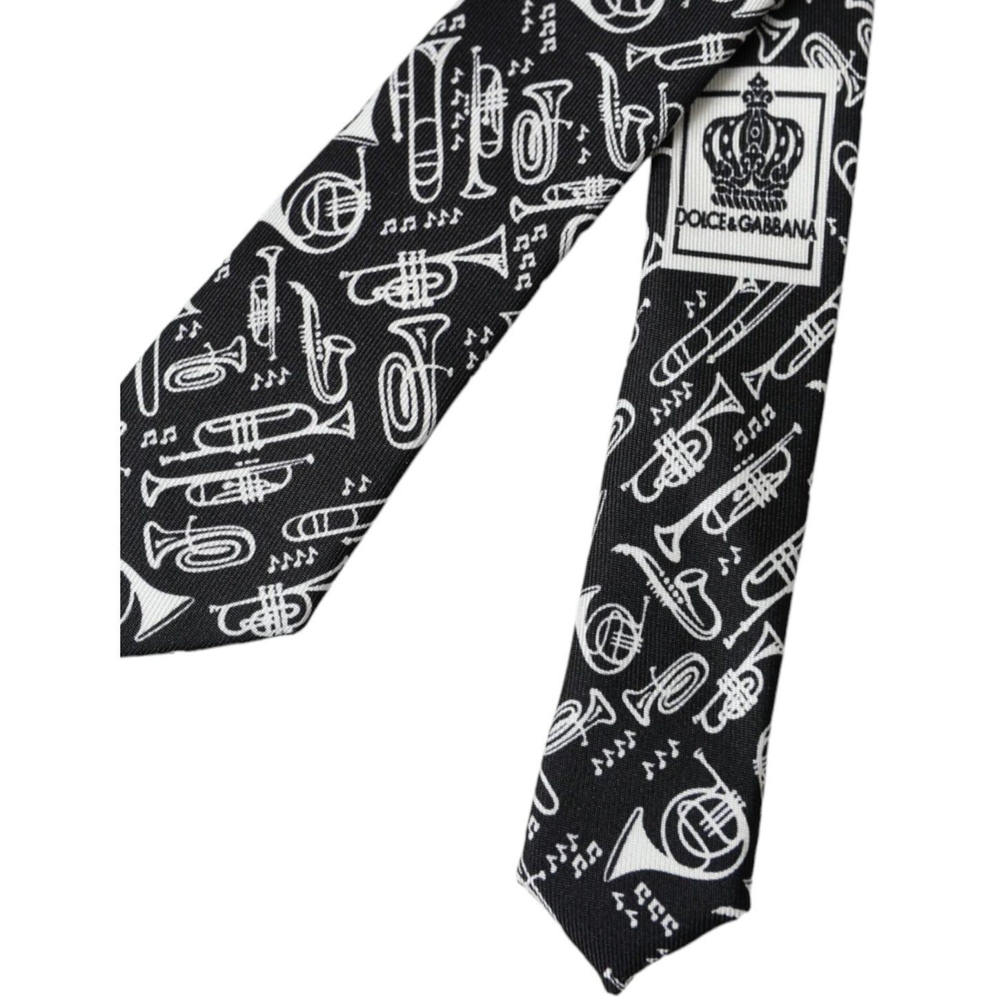 Dolce & Gabbana Black Trumpet Print Silk Adjustable Tie Dolce & Gabbana Light Gray