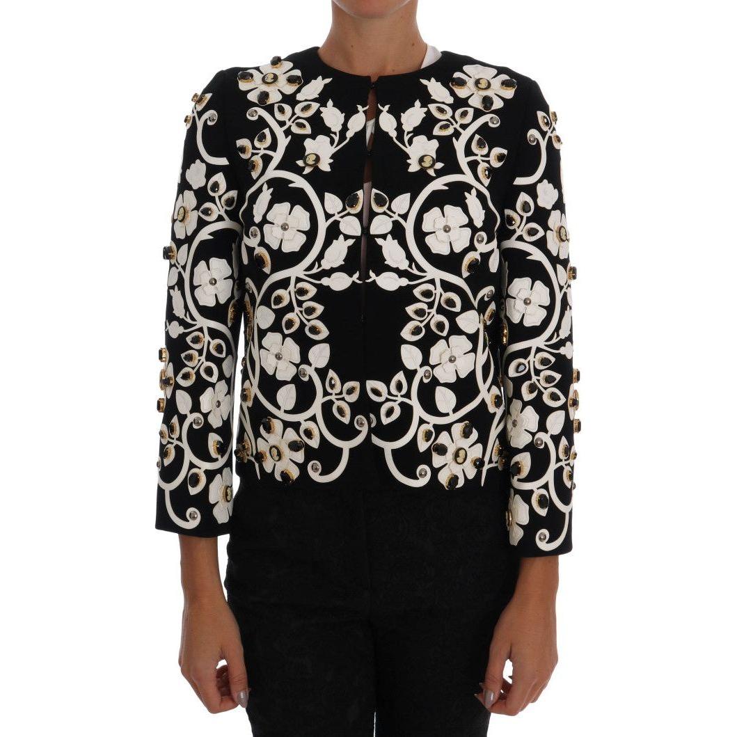 Dolce & Gabbana Floral Embroidered Crystal Wool Coat Jacket Coats & Jackets Dolce & Gabbana Black