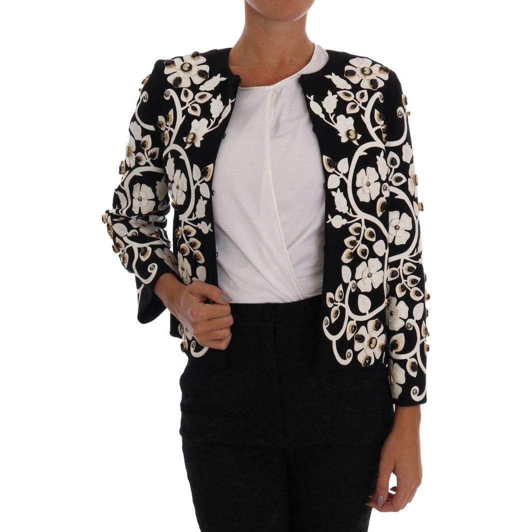 Dolce & Gabbana Floral Embroidered Crystal Wool Coat Jacket Coats & Jackets Dolce & Gabbana Black