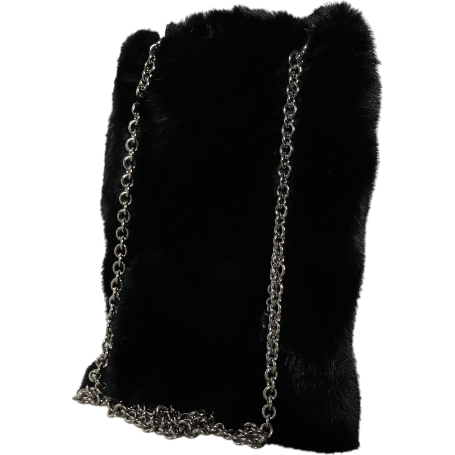 Dolce & Gabbana Black Faux Fur Silver Chain Crossbody Shoulder Purse Bag Dolce & Gabbana Black