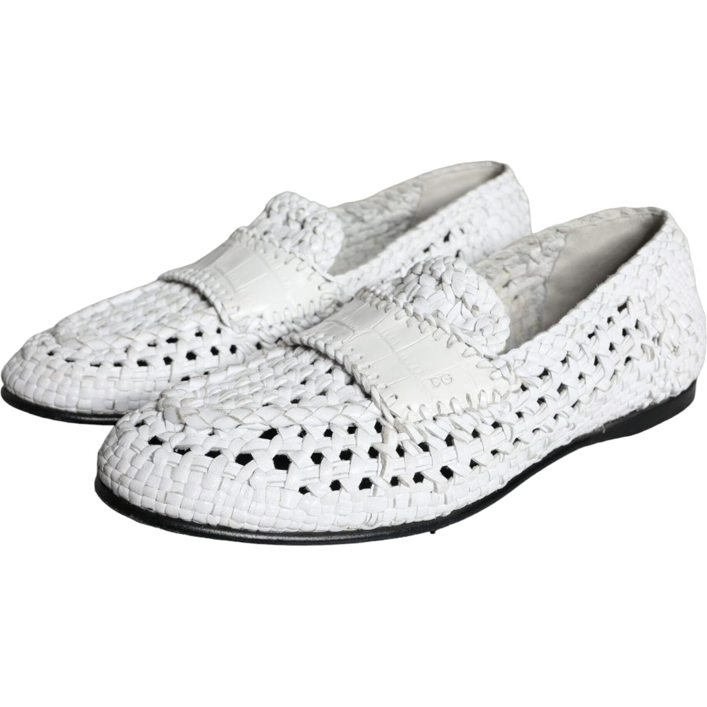 Dolce & Gabbana White Woven Leather Slip On Loafers Men Shoes Dolce & Gabbana Light Gray