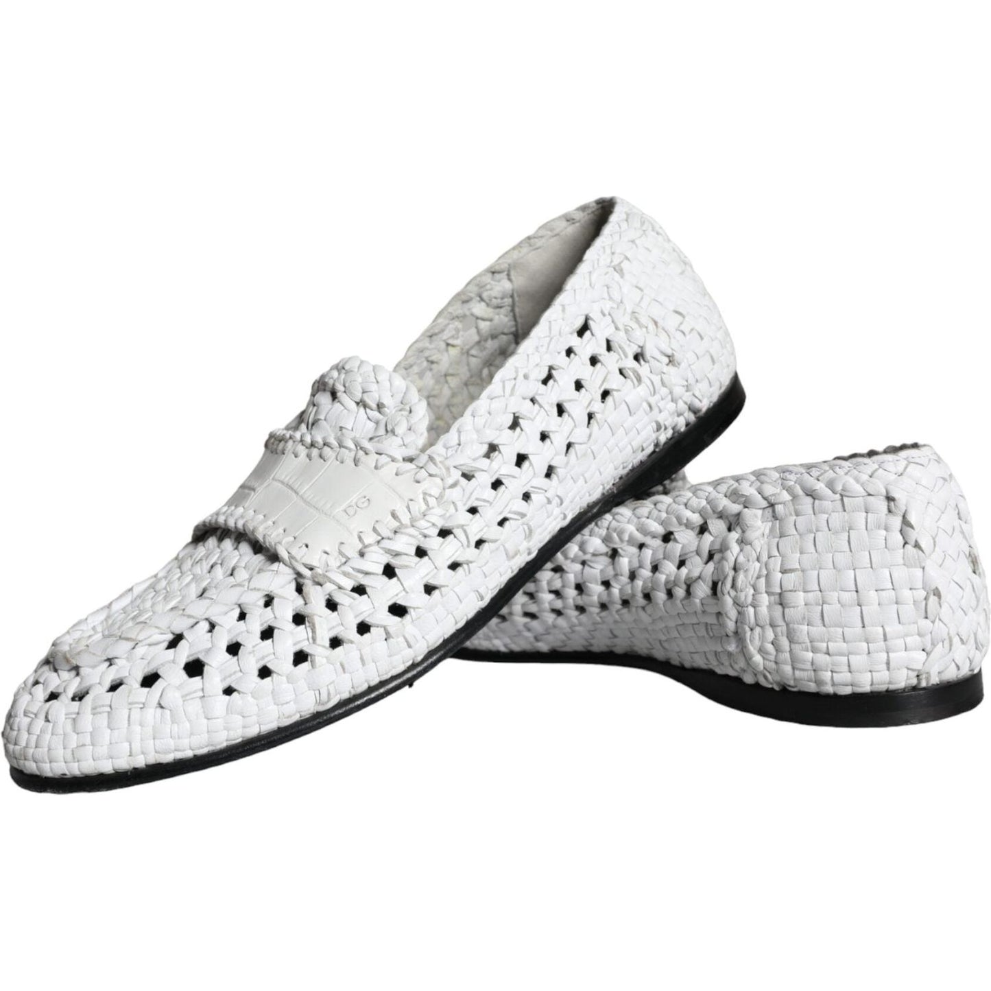 Dolce & Gabbana White Woven Leather Slip On Loafers Men Shoes Dolce & Gabbana Light Gray